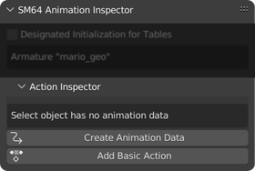 SM64 Animation Inspector with the Action Inspector sub-panel opened